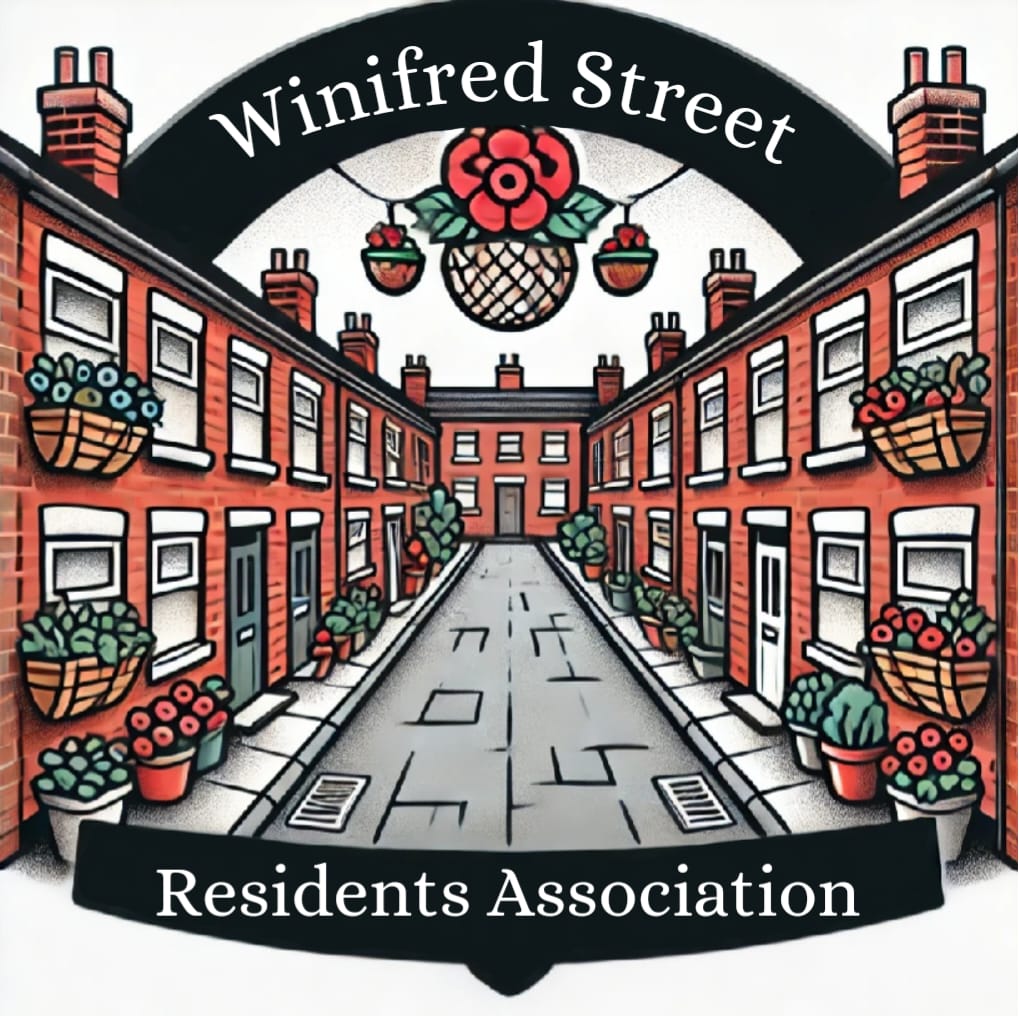 Cartoon image of a street of terraced Houses, representing our street